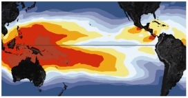 This figure shows warmer-than-normal sea-surface temperatures in the western Pacific and cooler-than-normal temperatures for the eastern Pacific.What condition is being illustrated?   A) monsoon B) world-wide drought C) El Niño D) La Niña
