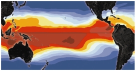 This figure shows warmer-than-normal sea-surface temperatures in the eastern Pacific.What condition is illustrated?   A) monsoon B) world-wide drought C) El Niño D) La Niña