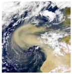 Dust storms,like the one shown in this satellite image near North Africa,can transport dust over maximum distances of:   A) 10 kilometers B) 50 to 90 kilometers C) 100 kilometers because of the Coriolis effect D) several hundred kilometers E) thousands of kilometers