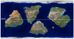 Which of the following sites will be most susceptible to damage from hurricanes?   A) A and B B) C and I C) D (on the ice-covered northern continent)  D) E,F,and H