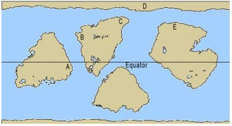 Which of the following areas would most likely be a rainforest?   A) A B) B C) C D) D E) E