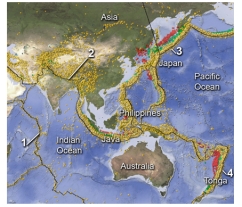 On this map of southeastern Asia and adjacent areas,which site would have earthquakes along a mid-ocean ridge?   A) 1,in the Indian Ocean B) 2,in Tibet C) 3,near Japan D) 4,near the Tonga island arc
