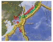 On this map of earthquakes near Japan,why do shallow earthquakes occur to the east and deeper earthquakes occur to the west?   A) the continental crust is thicker to the east B) the crust is hotter near Japan,closer to the volcanoes C) there is a continental collision to the east D) the subduction zone dips to the west