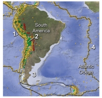 On this map of South America and adjacent areas,which site would have the deepest earthquakes?   A) 1,the oceanic trench B) 2,below the magmatic belt C) 3,along a passive margin D) 4,in the middle of the Atlantic Ocean E) both 1 and 2