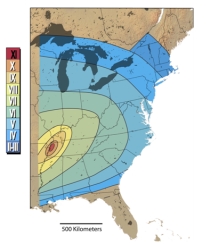 The Modified Mercalli Intensity rating map on the right shows intensity values that range from more than X to less than III.What does this map show?   A) this earthquake had a Richter magnitude of 10 or 11 near the source B) this earthquake had a Richter magnitude of 3 or 6 along the East Coast C) the earthquake was not felt in southern Florida D) shaking was felt only very near to the earthquake E) building damage occurred in all of the zones that are shaded on this map