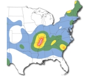 The shaded areas on this map have significant earthquake risks because:   A) the area is near an active plate boundary B) the area is over a subduction zone C) there are many active strike-slip faults D) stress generated on far-off plate boundaries can reactivate ancient faults