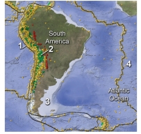 On this map of South America and adjacent areas,which site would most likely generate a tsunami?   A) 1,the oceanic trench B) 2,below the magmatic belt C) 3,along a passive margin D) 4,in the middle of the Atlantic Ocean