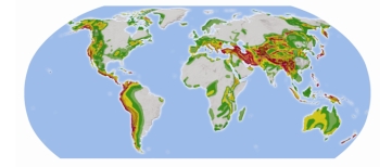 In the map to the right,areas of significant earthquake risk are shaded.Most high risk areas will be located:   A) next to the oceans B) in mountainous areas C) near a boundary between tectonic plates D) near volcanoes E) in the center of continents