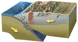 Which of these numbered features is a fold and thrust belt?   A) 1 B) 2 C) 3 D) 4 E) 5