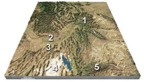 Which feature is interpreted to be in the Yellowstone region (1) ?   A) a continental collision B) a meteorite impact C) a continental hot spot D) a foreland basin