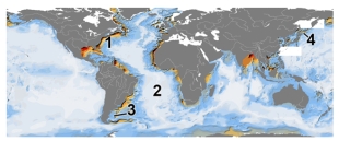 Which of these numbers has the thinnest sequence of marine sediments?   A) 1 B) 2 C) 3 D) 4 E) none of these