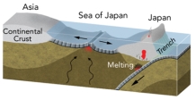 Which of the following is the presently occurring near the Sea of Japan?   A) oceanic crust in the sea of Japan is being generated by back-arc spreading B) Japan is moving closer to Asia over time C) Volcanoes in Japan are related to subduction of oceanic crust that forms in the Sea of Japan D) all of these