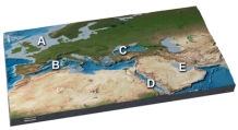 Which of the following letters marks the Red Sea?   A) A B) B C) C D) D E) E