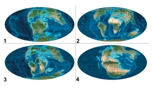 These globes show the position of the continents and ocean basins at various times in the past.Which of these represents the youngest time?   A) 1 B) 2 C) 3 D) 4