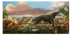What time period is represented by this scene?   A) Mesozoic B) Cenozoic C) Precambrian D) Paleozoic