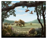 What time period is represented by this scene?   A) Mesozoic B) Cenozoic C) Precambrian D) Paleozoic