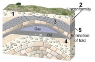 Which of following geologic events is the youngest?   A) deposition of the shale (3)  B) deposition of the lower units (4)  C) formation of the fold (5)  D) accumulation of the oil and gas
