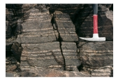 What type of metamorphic rock is shown here?   A) slate B) hornfels C) greenstone D) banded gneiss