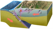 In what site on this figure would you expect low pressure/high temperature metamorphism?   A) A B) B C) C D) D E) E