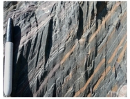 This rock is not shiny and has a well-developed cleavage that cuts across bedding.What is the correct name for this rock?   A) schist B) quartzite C) slate D) gneiss