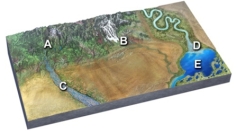 Sediments with a large amount of sand are most likely at:   A) mountains at A and glaciers at B B) glaciers at B and braided river at C C) braided river at C and delta at D D) delta at D and lake at E