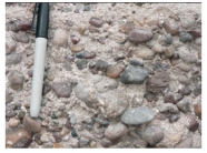 What do the characteristics of the rock in this photograph tell you about its environment?   A) deposited by the wind B) transported a short distance C) transported a long distance or worked by waves D) deposited in a lake