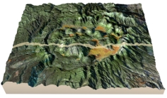 What type of eruption formed the main volcanic features in this figure?   A) fluid lava flows B) large pyroclastic eruptions C) lava fountain D) fissure eruptions E) eruptions beneath the seafloor