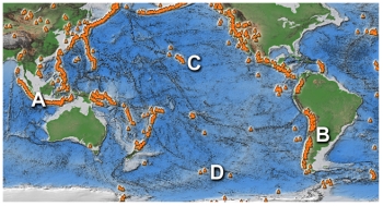Which of the following sites would have the most dangerous volcanoes? A is on an island arc,B is in the Andes,C is near Hawaii,D is along a mid-ocean ridge.   A) A and B B) B and C C) C and D D) A and C E) B and D