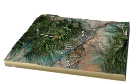 Which numbered feature on this figure formed by an explosive pyroclastic eruption?   A) Location 1,the Valles Caldera B) Location 2,dark basalt flows along the Rio Grande C) Location 3,the dark,basaltic volcanoes D) Location 4,pegmatite in the northeastern part of the area