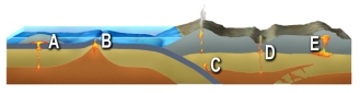 Which of the magma systems shown is most likely to include felsic or intermediate magmas?   A) A and B B) B and C C) A,B,and C D) B,C,and D E) C,D,and E
