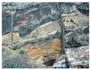 The vertical igneous feature shown in this photograph is a:   A) dike B) sill C) volcanic neck D) batholith