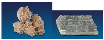 From the list provided below,choose those observations that accurately describe the mineral presented in these images.Both images show the same type of mineral.   A) This mineral has a metallic luster. B) This mineral is opaque,meaning that it is not clear; light does not pass through it. C) This mineral has cleavage. D) None of these.