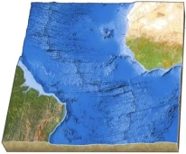 On this map of the south Atlantic,what is the feature that makes a zigzag pattern on the seafloor?   A) island arc B) linear island chain C) subduction zone D) mid-ocean ridge E) none of these
