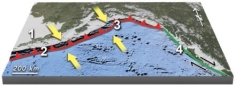 This figure shows plate boundaries south of Alaska.Which location is on a transform boundary?   A) 1 B) 2 C) 3 D) 4 E) 2 and 3