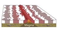 What causes magnetic stripes on the seafloor,such as those shown here?   A) Volcanic rocks in oceanic crust are covered by a variable thickness of sediment. B) Some oceanic crust consists of volcanic rocks and some is composed of sediment. C) Sometimes Earth's magnetic field points north and sometimes it points south. D) Some volcanic rocks are formed in normal ways and others have pillows.