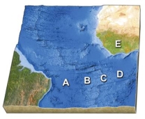 On the accompanying figure,which letter is over the oldest oceanic crust?   A) A B) B C) C D) D E) E