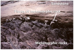 What can you interpret about the relative ages of the rocks and features in this photograph?   A) The sandstone is older because it is lighter in color. B) The metamorphic rock is older because it is rougher from longer weathering. C) The metamorphic rock is older because pieces of it are in the sandstone. D) The sandstone is older because it is on top.