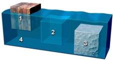 This figure shows three blocks in water.Which of these materials is the least dense?   A) block 1 B) block 2 C) block 3 D) the water 4