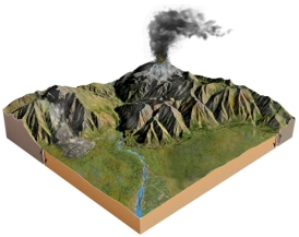 Which potential geologic hazard is NOT represented by a feature on this figure?   A) an earthquake B) a volcano C) contaminated groundwater D) a landslide E) flood-prone areas