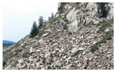 Which of the following surface environments is the most likely site for deposits in this photograph?   A) steep mountain front B) river channel C) sand dunes D) beach E) lake