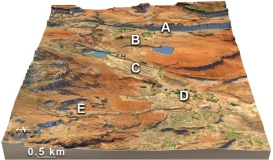 Which of the features labeled on the accompanying figure was discussed as a possible source of earthquakes?   A)  the cliff at A B)  the volcano at B C)  pumping of the oil field at C D)  shaking during large floods at D E)  landslides off the mountains at E