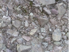 The sediment in this photograph mostly likely formed in:   A)  a steep mountain front B)  a river C)  a sand dune D)  deep water conditions on the seafloor
