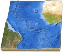 On this map of the south Atlantic, why is the mid-ocean ridge in the center of the ocean?   A)  Subduction is consuming seafloor beneath both adjacent continents. B)  Seafloor is added to both sides during seafloor spreading. C)  Subduction has occurred under one and then another of the adjacent continents. D)  Seafloor spreading has stopped in this area.