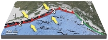 This figure shows plate boundaries south of Alaska. Which location is on a transform boundary?   A)  1 B)  2 C)  3 D)  4 E)  2 and 3