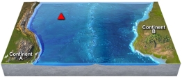 Use your knowledge of plate boundaries to answer whether a volcano is likely or unlikely to form at the location of the red triangle   A)  Likely B)  Unlikely