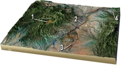 Which numbered feature on this figure formed by an explosive pyroclastic eruption?   A)  Location 1, the Valles Caldera B)  Location 2, dark basalt flows along the Rio Grande C)  Location 3, the dark, basaltic volcanoes D)  Location 4, pegmatite in the northeastern part of the area