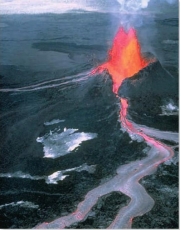Which of the following are characteristics of actively erupting volcanoes?   A)  Glowing orange lava flowing downhill B)  Fragments of molten rock blasting into the air C)  Billowing clouds of ash rising into the air D)  All of these