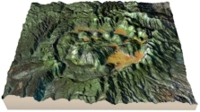 What types of rocks would be common in the volcano in this figure?   A)  welded tuff B)  felsic and intermediate lava flows C)  nonwelded tuff D)  volcanic domes E)  all of these
