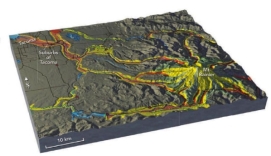 Which of these volcanic hazards associated with Mount Rainier is the most dangerous to nearby population centers?   A)  mudflows B)  pahoehoe flows C)  lava flows