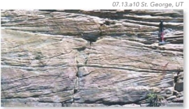 The cross beds shown here indicate what about the environment the sandstone was deposited in?   A)  Water/wind flowed from right to left. B)  This was a quiet water environment. C)  The sediments were deposited in an avalanche.